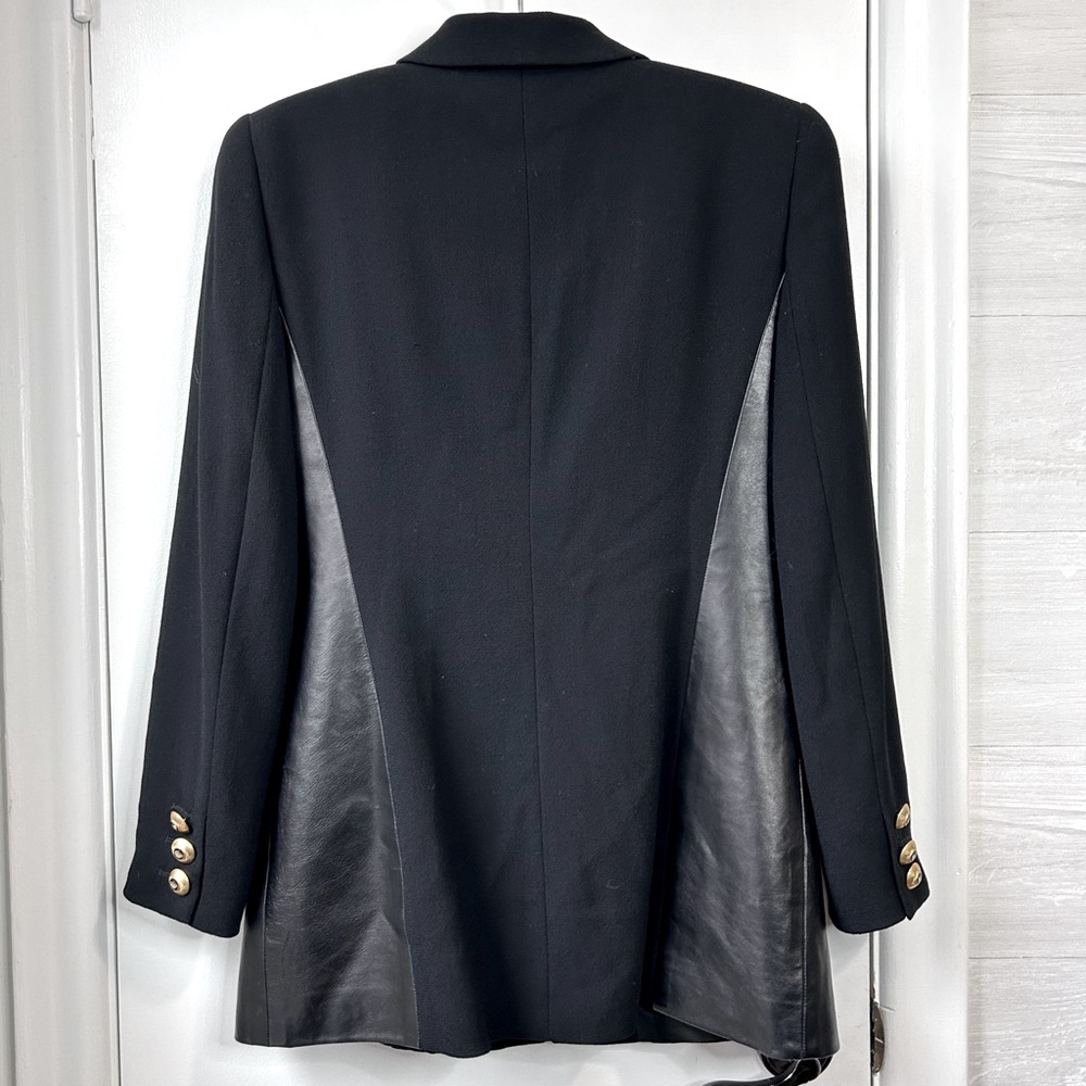 LOUIS FERAUD Black Leather And Wool Coat w/Gold Dome Buttons